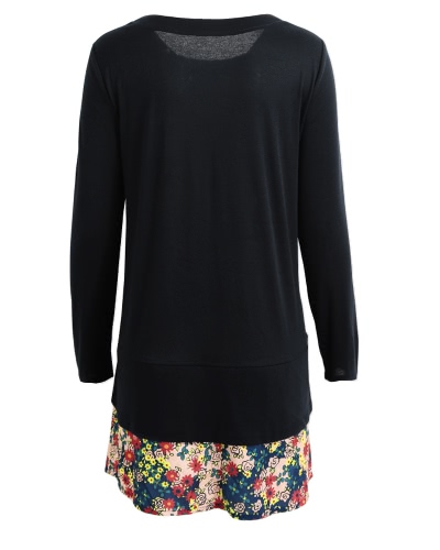 Mini vestito delle donne lunghe del manicotto floreale della tasca del collo rotondo dell'annata