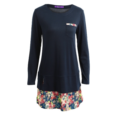 Mini vestito delle donne lunghe del manicotto floreale della tasca del collo rotondo dell'annata