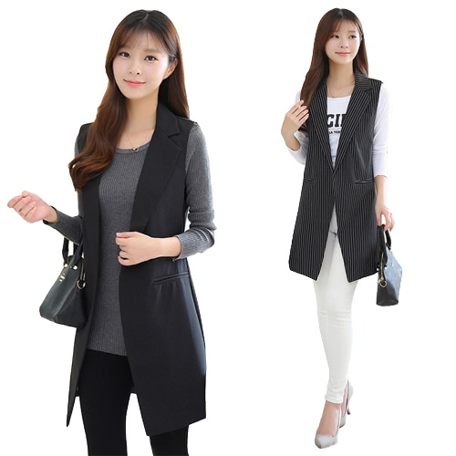 

Fashion Women Sleeveless Long Vest Jacket Notched Split OL Coat Blazer Slim Waistcoat Outerwear Black1/Black2