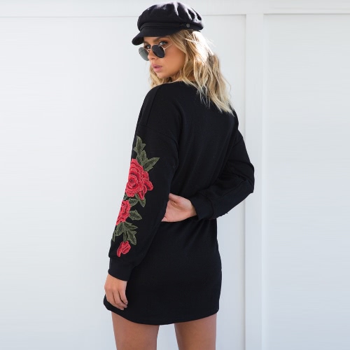 

Sexy New Women Mini Dress Floral Embroidery O-Neck Long Sleeves Vintage Dresses Black