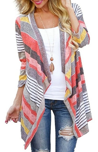 Casual Cable Knit Cloak Cardigan Geometric Print Drape Front