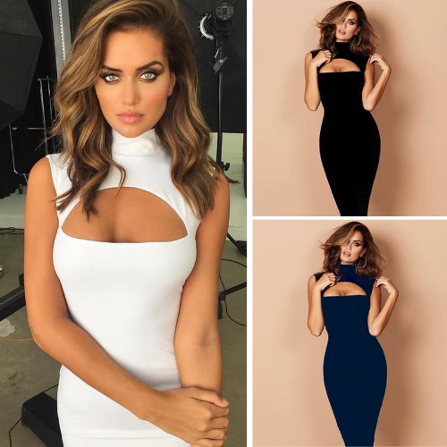 

Sexy Hot Women Midi Tank Dress Твердая вырезанная передняя верхняя кепка шеи без рукавов Bandage Bodycon Nightclub One-Piece