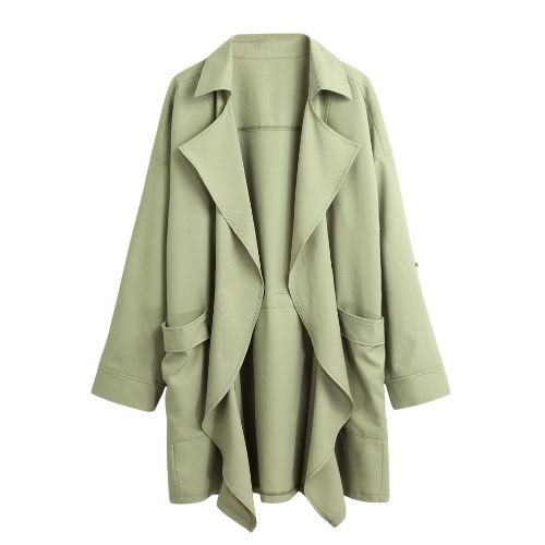 New Women Trench Coat Solid Lapel Pocket Rolled Sleeve Casual Cardigan Loose Outerwear