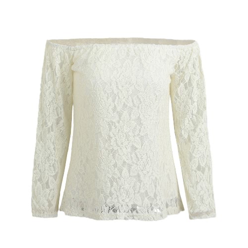 

Women Summer Lace Blouse Off Shoulder Slash Neck Crochet Tops Long Sleeve Shirts Beige/Black