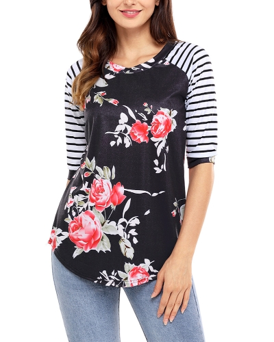 

Fashion Floral Print Stripes O-neck 3/4 Sleeves Irregular hem Women's T-shirt