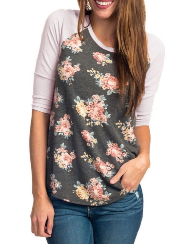 

Fashion Floral Print Stripes O-neck 3/4 Sleeves Irregular hem Women's T-shirt