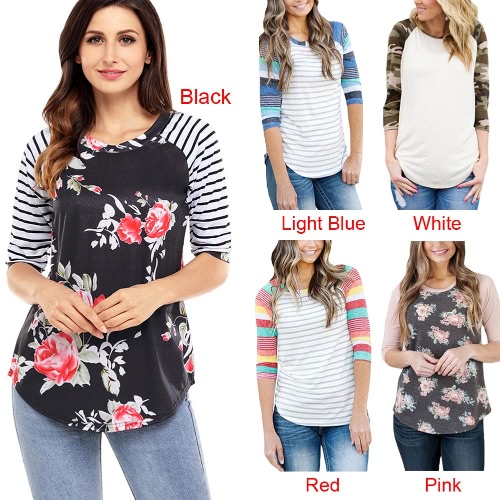 

Women Autumn T-shirt Blouse Floral Print Stripes O-neck 3/4 Sleeves Irregular hem Elegant Casual Top Pullover