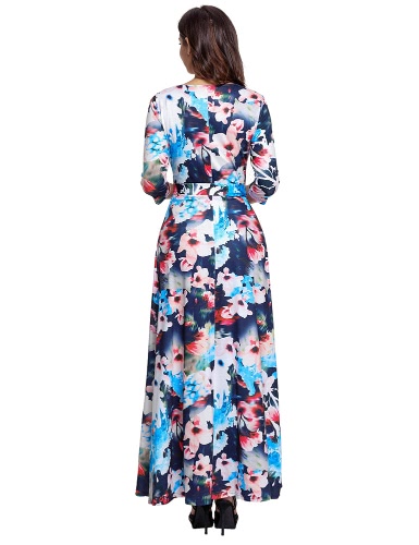 

Sexy Women Maxi Dress Floral Print Deep V Neck Cropped Sleeve Slim Belted Long Boho Dress
