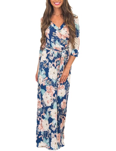 

Boho Floral Print Deep V Neck Cropped Sleeve Slim Belted Women's Long Dress