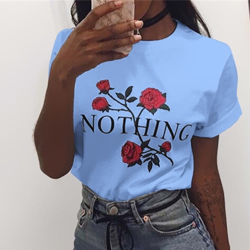 

Fashion Casual Style Rose Printed Letters Short Sleeve O-neck Women's T-shirt