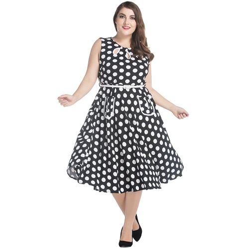 Mujeres Vestido Retro Plus Size Audrey Hepburn Polka Dot A-Line Grande Grande Tamaño Casual Vestido Negro