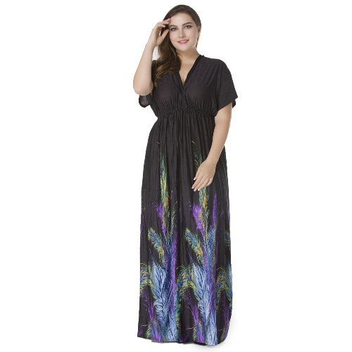 

Sexy Women Plunge V Neck Print Plus Size Dress Ruched Big Size Maxi Party Dress Black