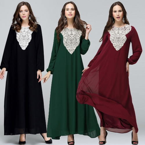 

Muslim Women Plus Size Chiffon Maxi Dress Appliqué Round Neck Long Sleeves Abaya Islamic Casual Robe Kaftan Turkish Long Dress