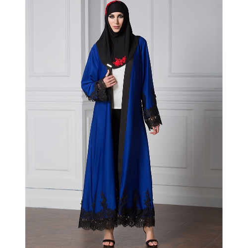 Women Muslim Cardigan Spliced Crochet Lace Hem Long Sleeve Islamic Abaya Maxi Dress Outwear Blue/Red