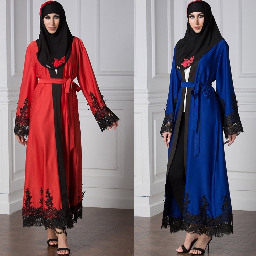 

Women Muslim Cardigan Spliced Crochet Lace Hem Long Sleeve Islamic Abaya Maxi Dress Outwear Blue/Red