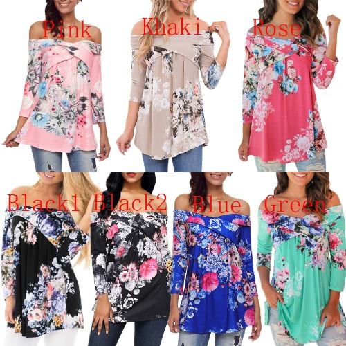 

Women Autumn T-shirt Blouse Floral Print Off Shoulder Criss Cross Irregular hem Elegant Casual Top Pullover