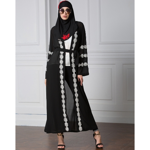 Women Muslim Robe Cardigan Crochet Lace Long Sleeve Front Open Long Loose Abaya Dress Black