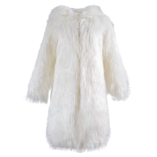 Women Faux Fur Jacket Solid Color Hooded Long Sleeve Fluffy Hairy Warm Winter Slim Long Outerwear