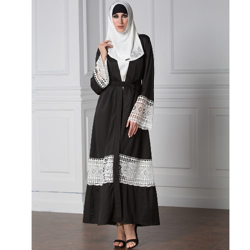 

Fashion Women Muslim Lace Robes Long Sleeve Abaya Kaftan Islamic Arab Long Cardigan Belted Trench Coat Black