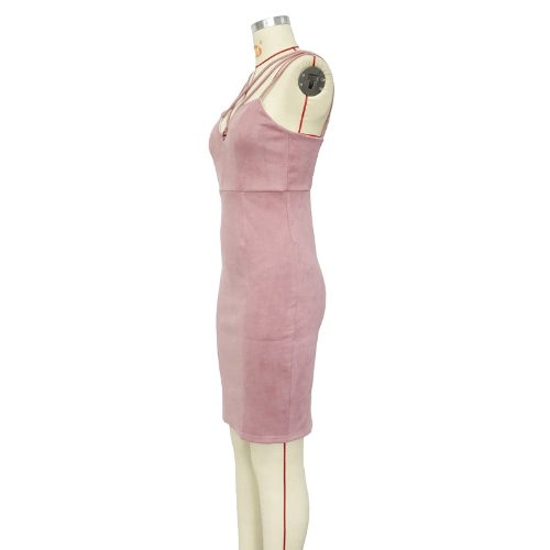 Sexy Women Strappy Dress Faux Swede Zipper Back Slit Detail Sleeveless Bandage Bodycon Dress Pink
