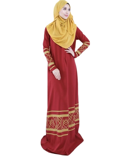 Women Muslim Plus Size Maxi Long Dress Geometric Print Long Sleeve Pocket Zipper Islamic Abaya Dress