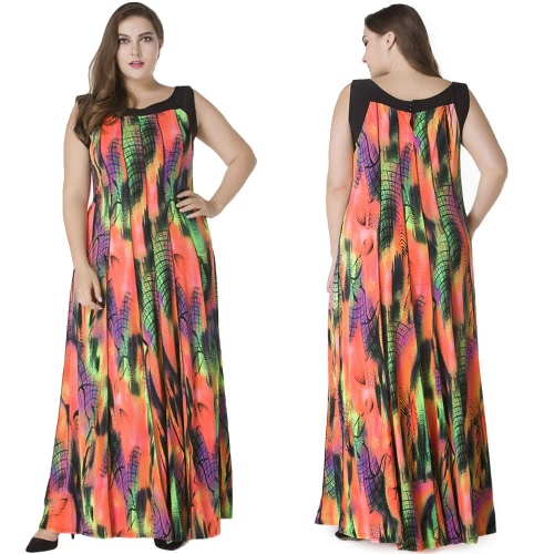 

Women Plus Size Bohemian Long Dress Sleeveless Print Casual Loose Pleated Maxi Dress Sundress Orange