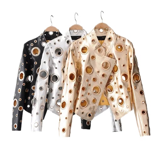 

New Women PU Leather Jacket Hollow Out Long Sleeve Hole Short Golden Motorcycle Coats Gold/Silver/Black