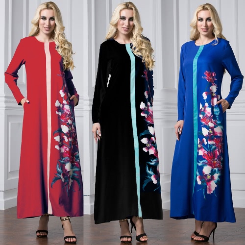 

Fashion Women Kaftan Abaya Jibab Islamic Musilim Floral Long Sleeve Maxi Dress O Neck Pocket Dress