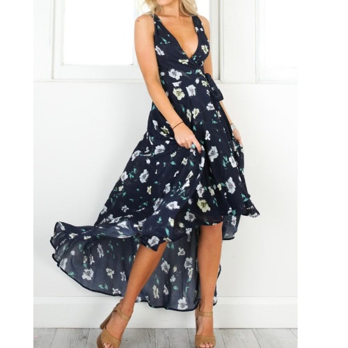 

Sexy Plunge V Floral Print Sleeveless High Low Hem Women's Maxi Dress