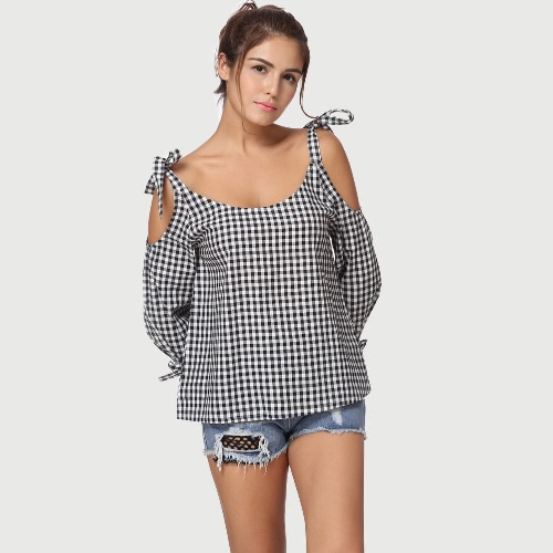 

New Fashion Women Blouse Checks Plaided Off Shoulder Cut Out Tie Long Sleeve Oversized Casual Tops Black