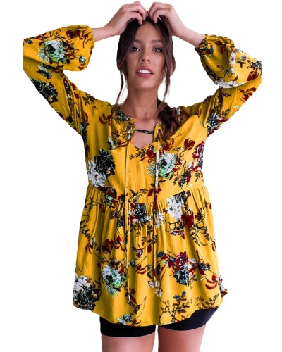 

New Women Floral Print Blouse Vintage Autumn Clothing Lantern Sleeve Loose Cotton Boho Tops Yellow