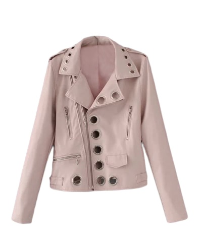 

Women Autumn Hollow Out Leather Motorcycle Jacket Slim Style Long Sleeve Hole Short Outerwear Coat Black/Pink/Blue