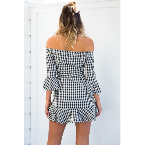 

New Sexy Women Off Shoulder Dress Checked Plaid Ruffles Flared Sleeve Slim Belted Mini Dress Black