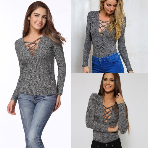 

Женщины Сексуальный V Шея Вязание Top Slim Pullover Крест Кружева вверх рубашка Длинные рукава Серый