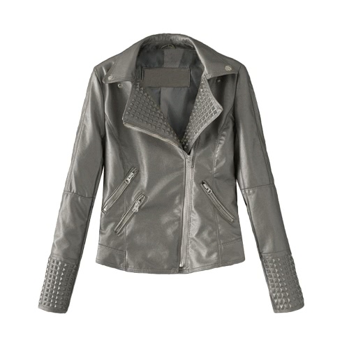 Mode Femmes Automne PU Veste en cuir Rivet Motocyclette Biker Zip Coat Faux Leather Street Jaqueta Outerwear