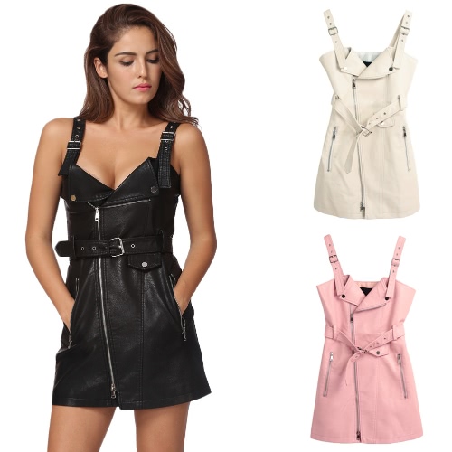 

Sexy Women Mini PU Leather Dress Strappy Backless Sleeveless Belt Zipper Elegant Club Party Dress