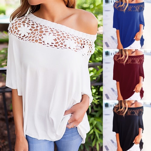 T-Shirt Women Summer Casual Crochet Splicing Hollow Out One Shoulder Top Tee Shirt