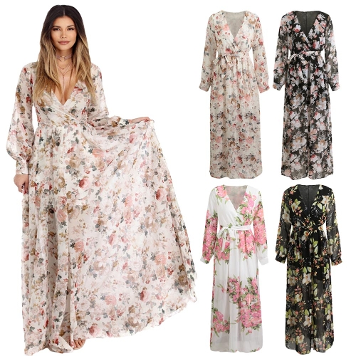 

Sexy Women Chiffon Maxi Dress Цветочная печать Deep V Neck Long Sleeve Slim Belted Элегантное длинное платье Boho