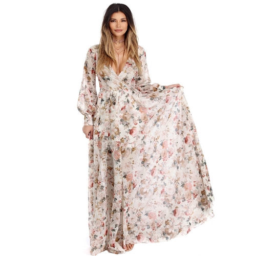 

Sexy Women Chiffon Maxi Dress Цветочная печать Deep V Neck Long Sleeve Slim Belted Элегантное длинное платье Boho