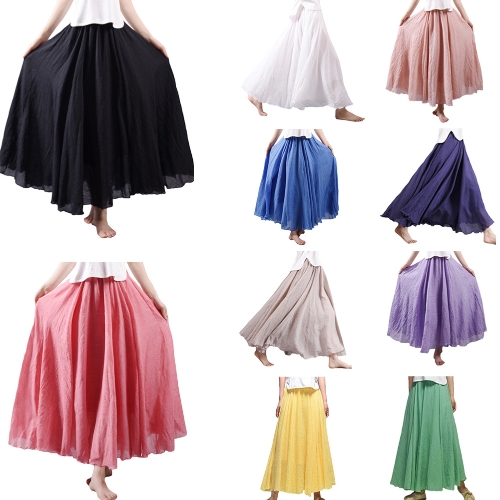 

New Fashion Women Long Skirt Solid Color Pleated Elastic Waist Elegant Maxi A-Line Bohemia Skirt