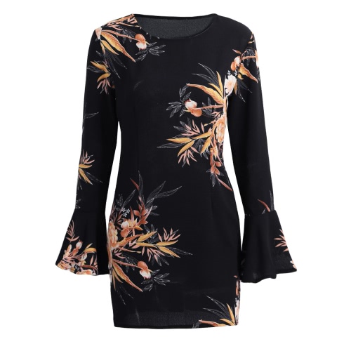 New Fashion Women Floral Print Mini Dress Flare Sleeves Round Neck Zipper Waist Party Dress Black