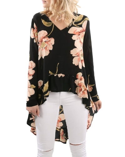 New Autumn Women Blusa Floral Print Ruffles High-Low Hem V-Neck Manga comprida Casual Vintage Top