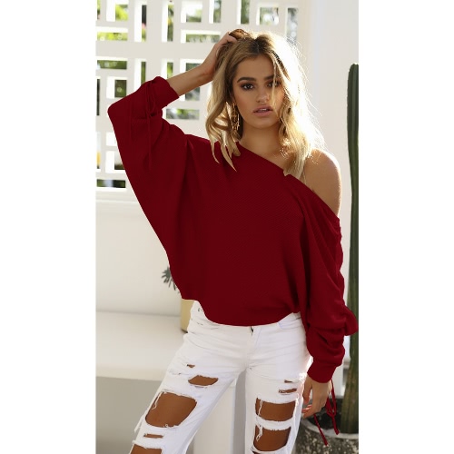 

Knitted Off Shoulder Pullover Drawstring Long Sleeve Casual Sweater