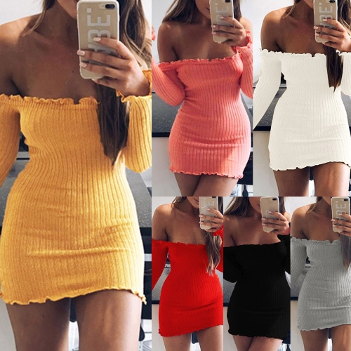 

Sexy Women Bodycon Dress Off Shoulder Solid Long Sleeves Club Party Clubwear Mini Dress