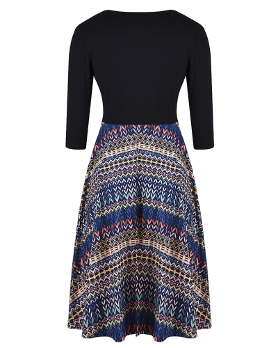 

Новый Vintage Women Print Scoop 3/4 Sleeves Splicing Design A-Lined Dress