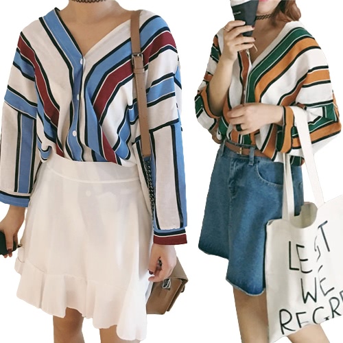 

Fashion Women Loose Shirts Contrast Color Striped V Neck Batwing Sleeve Casual Blouse Tops Blue/Green