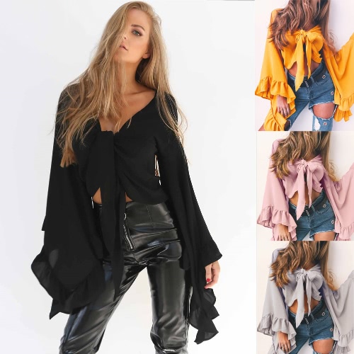 

Sexy Women Crop Top Solid Plunging V Neck Tie Bow Long Flare Sleeve Ruffle Лепесток Короткая блузка