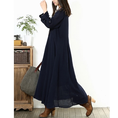 

Vintage Women Plus Size Loose Dress Solid Roll Up 3/4 Sleeves O-Neck Casual Maxi Dresses Dark Blue/Burgundy