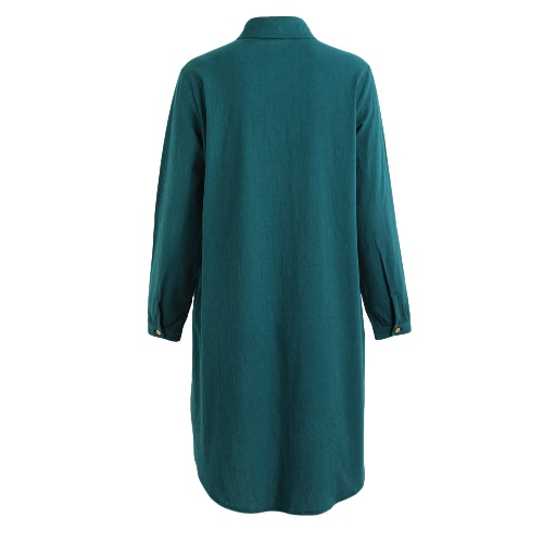 

Fashion Plus Size Maxi Cotton Dress Turn-down Collar Button Hi Low Hem Long Sleeves Robe Loose Dress Green/Black