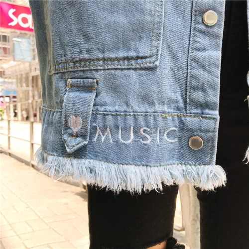 

Embroidery Autumn Women Denim Jacket Vintage Long Sleeves Loose Female Jeans Coat Casual Outerwear Blue/Dark Blue